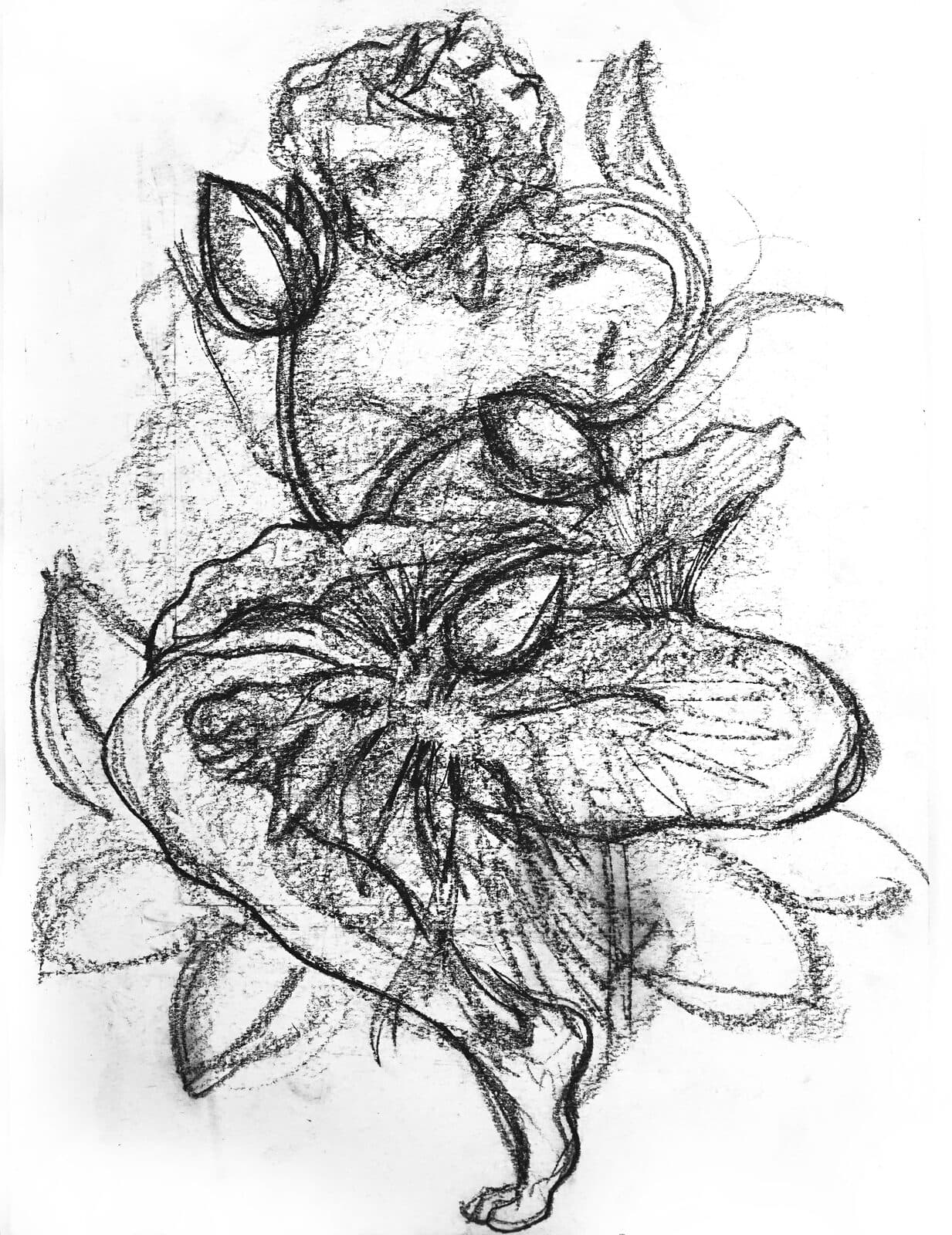 Charcoal illustration of a woman rising out of a great flower — drawn by Yamini