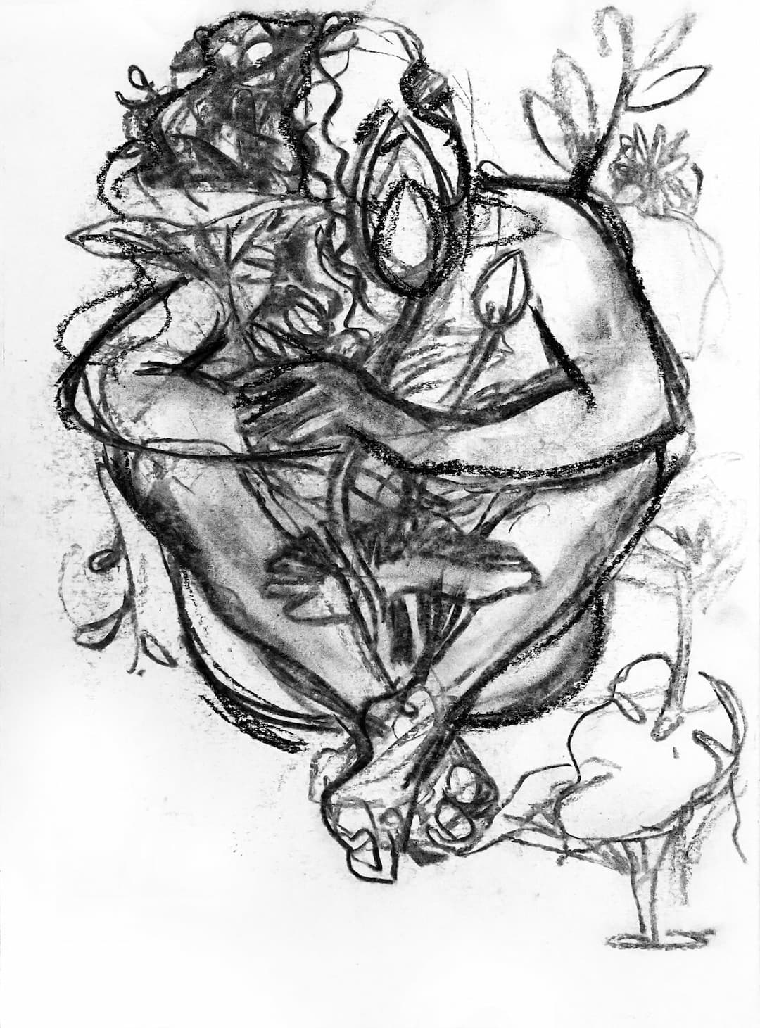 Charcoal illustration of a woman curled like a seed among sprouting plants