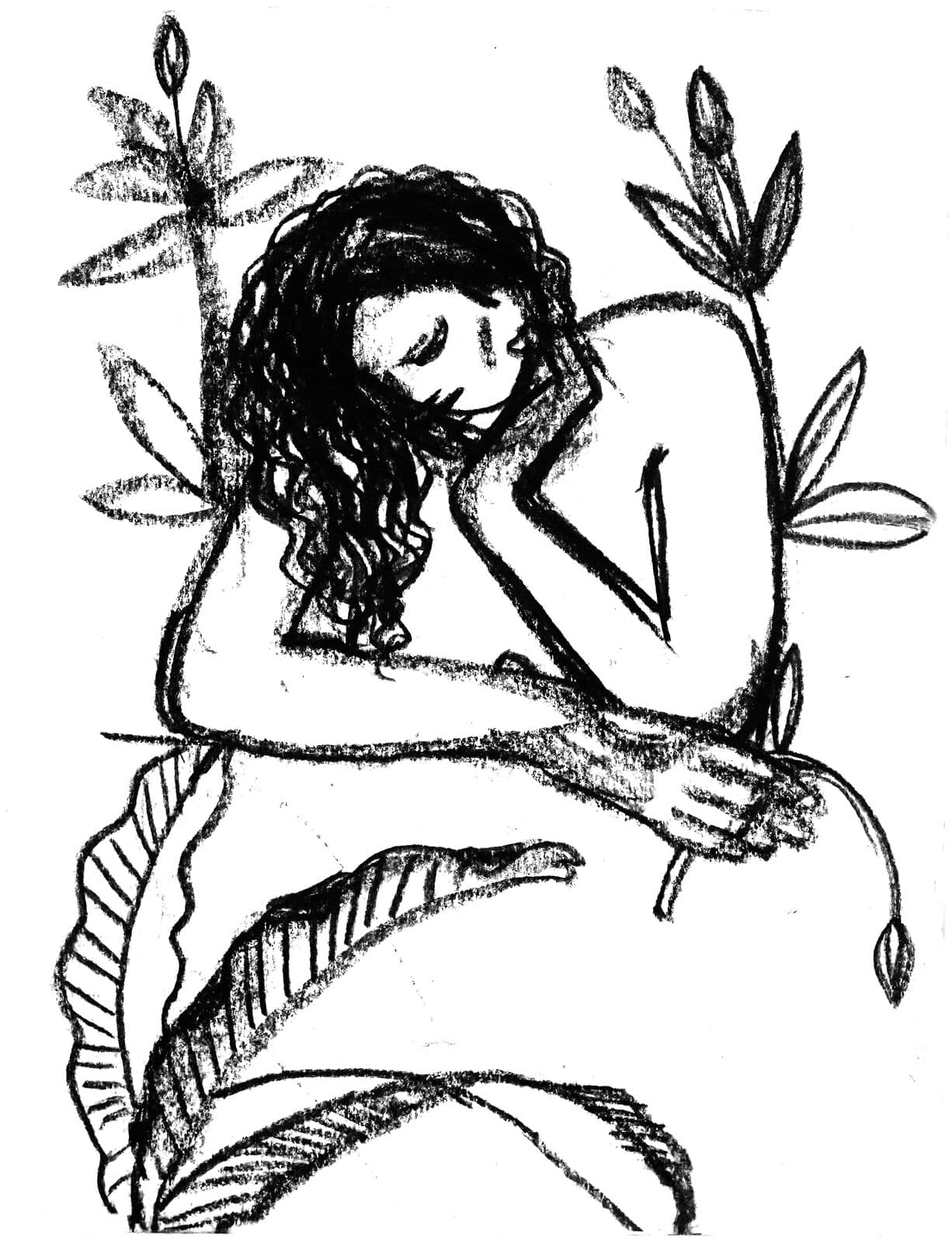 Charcoal illustration of a woman curled inward, holding a flower — the Anvi figure, drawn by Yamini