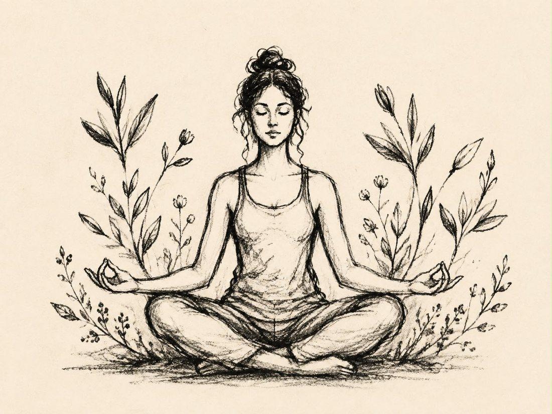 Pencil sketch of a woman meditating cross-legged among flowering plants