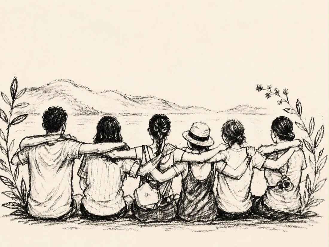 Pencil sketch of friends sitting arm in arm, facing the hills together