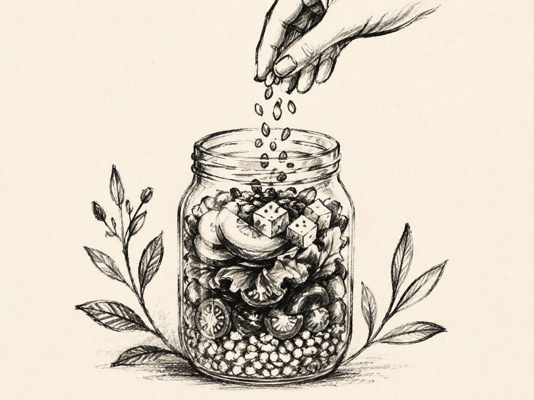 Pencil sketch of a hand sprinkling seeds into a jar of fresh food