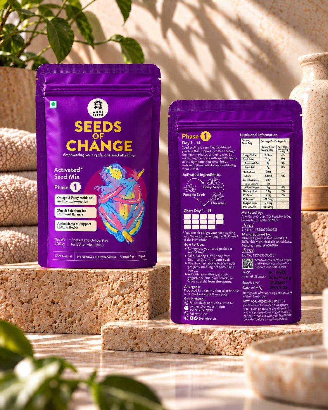 Seeds of Change Phase 1 pouch shown front and back among travertine and greenery