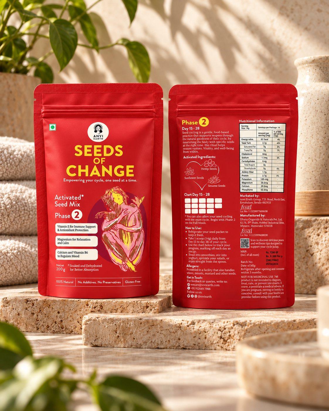 Seeds of Change Phase 2 pouch shown front and back among travertine and greenery